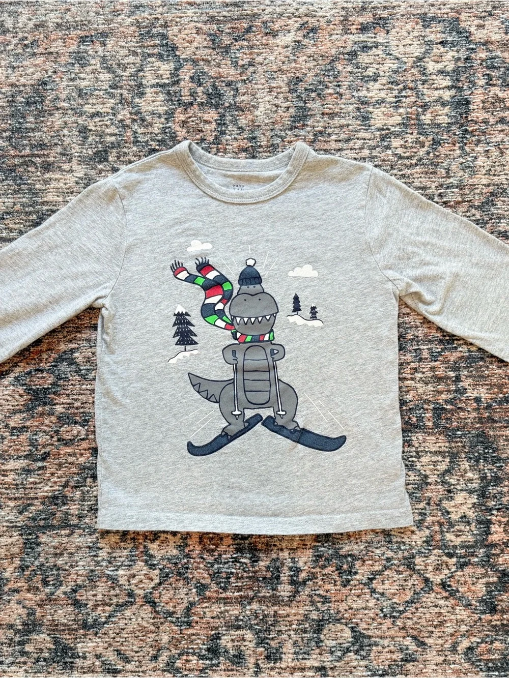 GAP Grey Long-Sleeve Skiing Dino Tee with Colorful Scarf